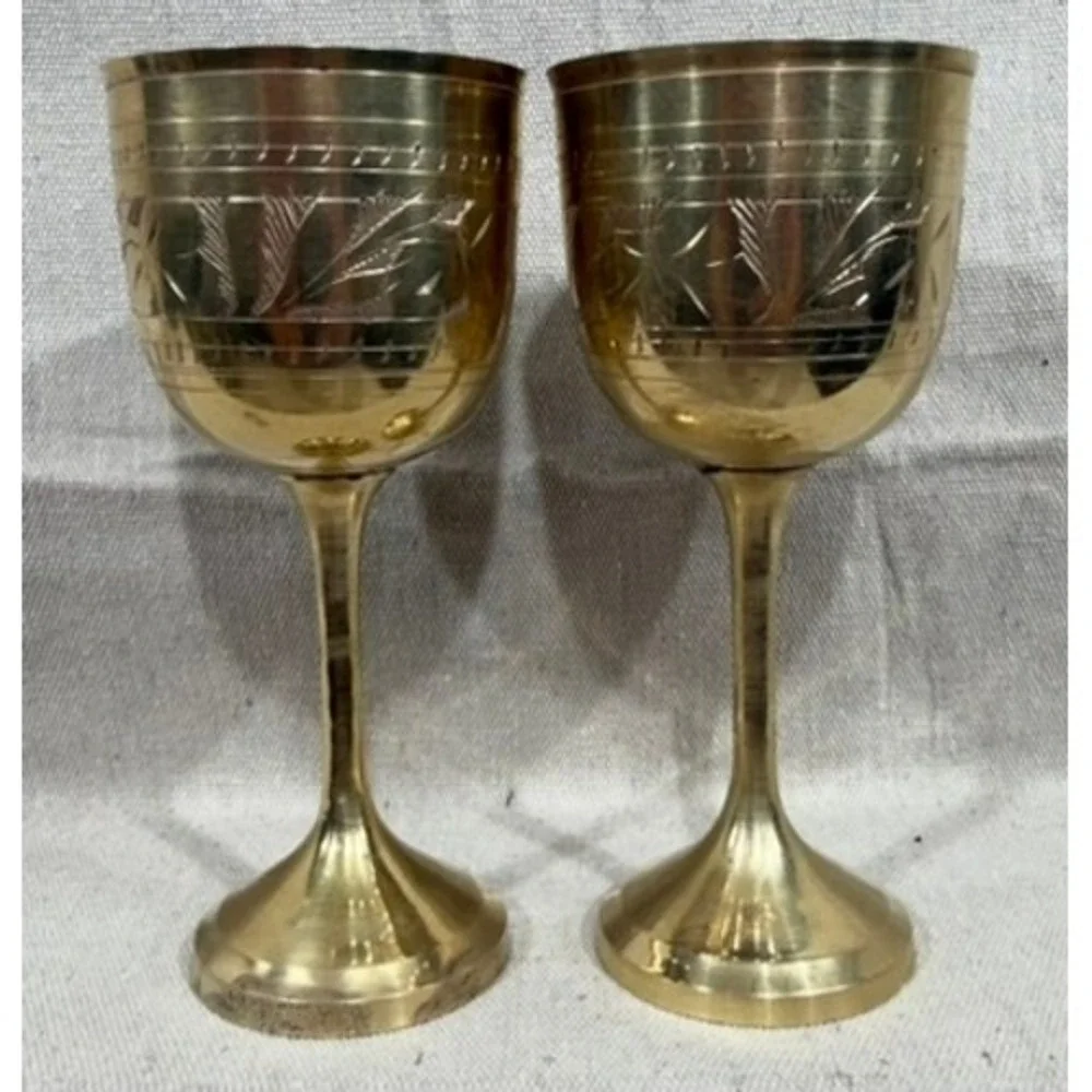 Vintage Etched Brass Goblets Set of 2 Floral Chalice Wine Cups 6.5in